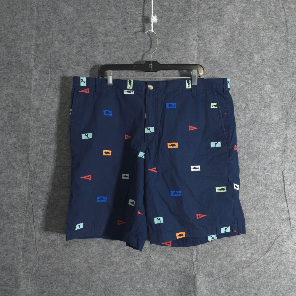Columbia PFG Chino Shorts Mens 40 All Over Print Navy Blue Fish & Flags Casual